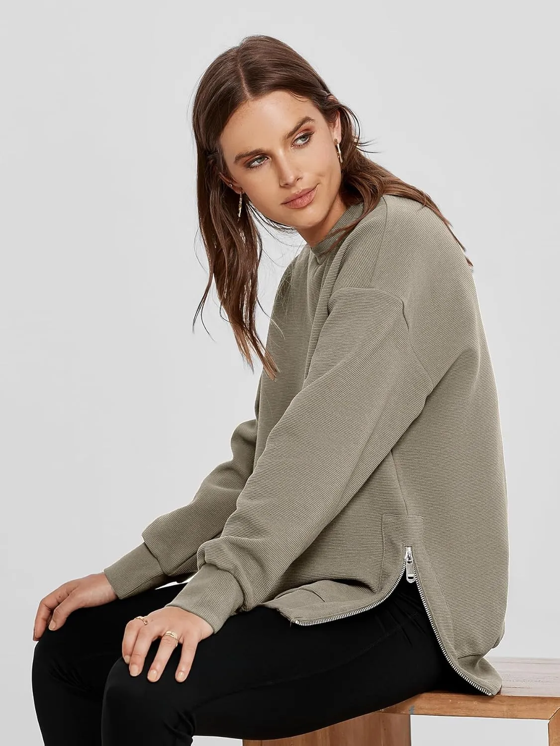 Glamaker Womens Oversized Sweatshirts Crewneck Side Zipper Pollover Long Sleeve Hoodie Sweaters 2024 Fall Clothes