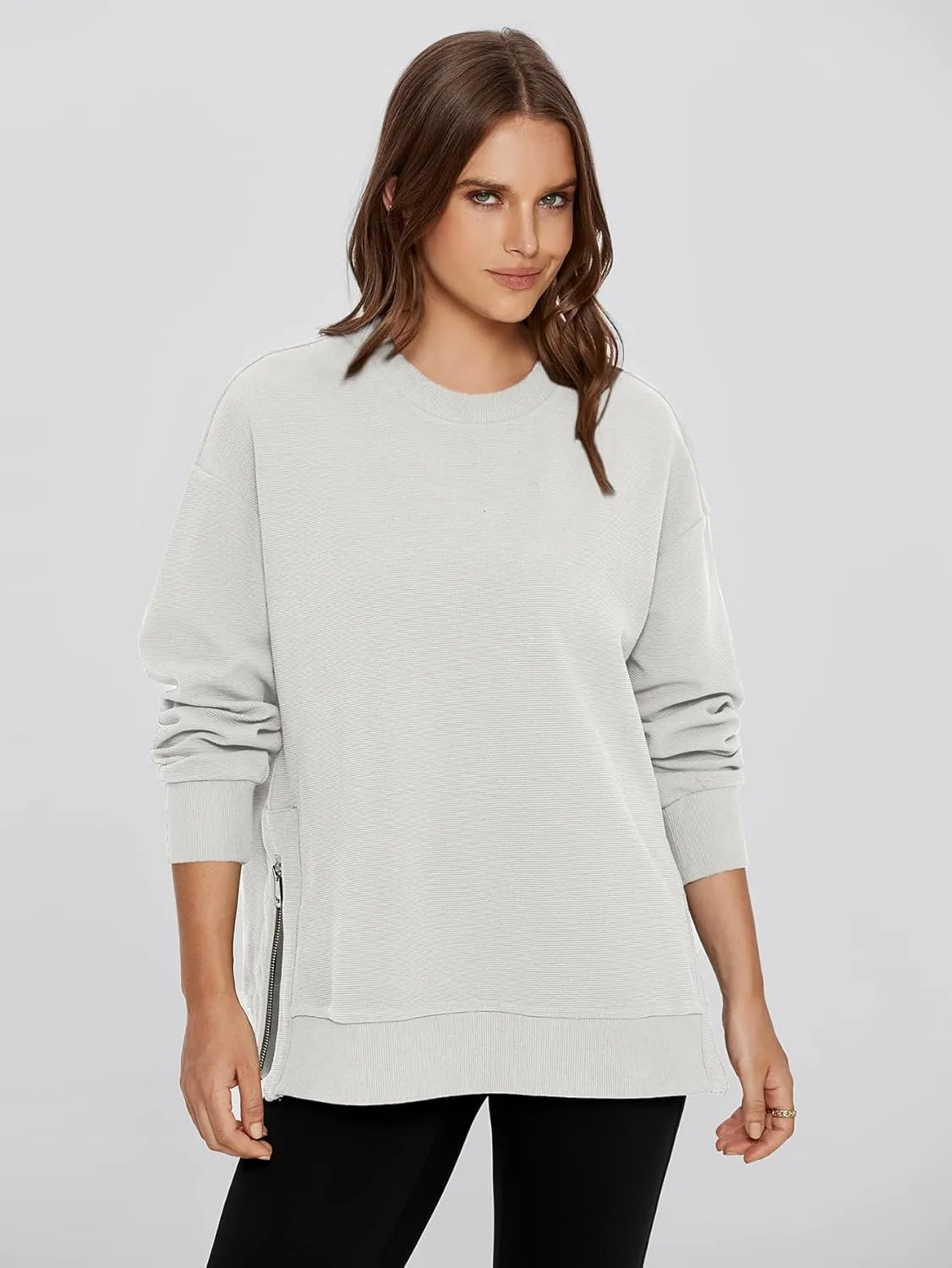 Glamaker Womens Oversized Sweatshirts Crewneck Side Zipper Pollover Long Sleeve Hoodie Sweaters 2024 Fall Clothes