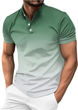 Gradient Color Business Henley Shirts for Men Slim Fit Short Sleeve Stretch Tee Tops Button Down Summer Blouse