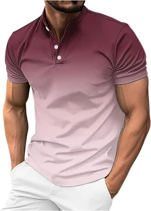 Gradient Color Business Henley Shirts for Men Slim Fit Short Sleeve Stretch Tee Tops Button Down Summer Blouse
