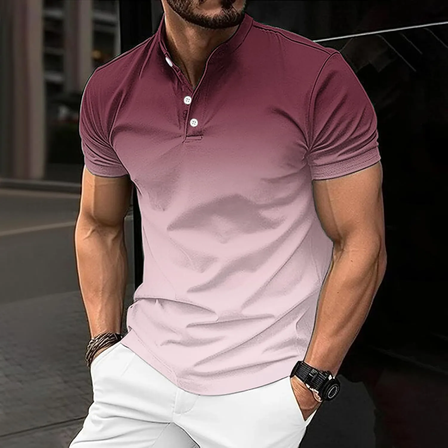 Gradient Color Business Henley Shirts for Men Slim Fit Short Sleeve Stretch Tee Tops Button Down Summer Blouse