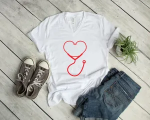 Heart Shaped Stethoscope T Shirt - Cute Valentine Shirt - Unisex Adult Valentine's Day Shirt - Medical Nurse Doctor