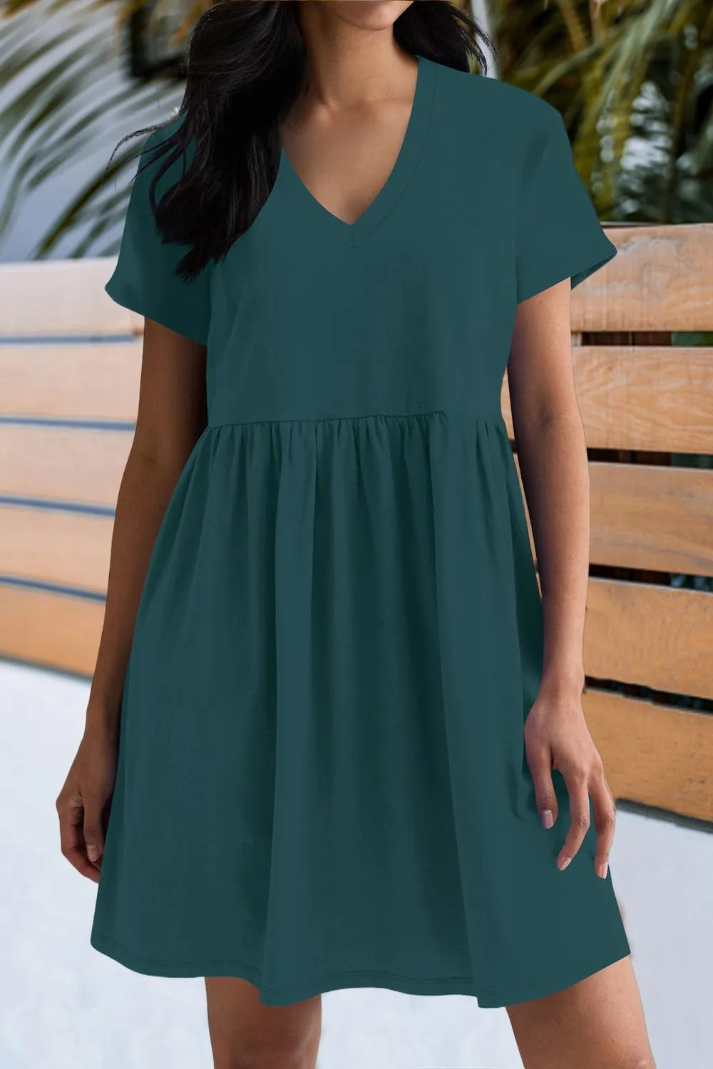 Hocuos Women's Short Sleeve Casual V Neck Mini Dress A Line Loose Pleated Flowy Shift Dresses 2025