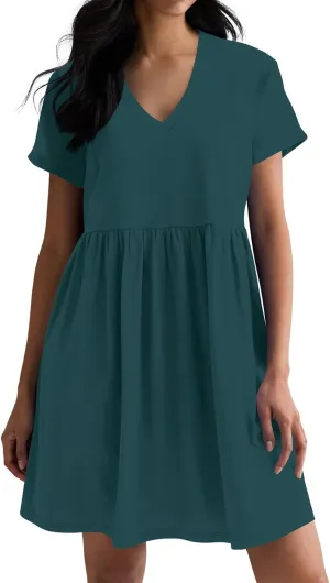 Hocuos Women's Short Sleeve Casual V Neck Mini Dress A Line Loose Pleated Flowy Shift Dresses 2025