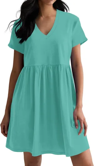 Hocuos Women's Short Sleeve Casual V Neck Mini Dress A Line Loose Pleated Flowy Shift Dresses 2025
