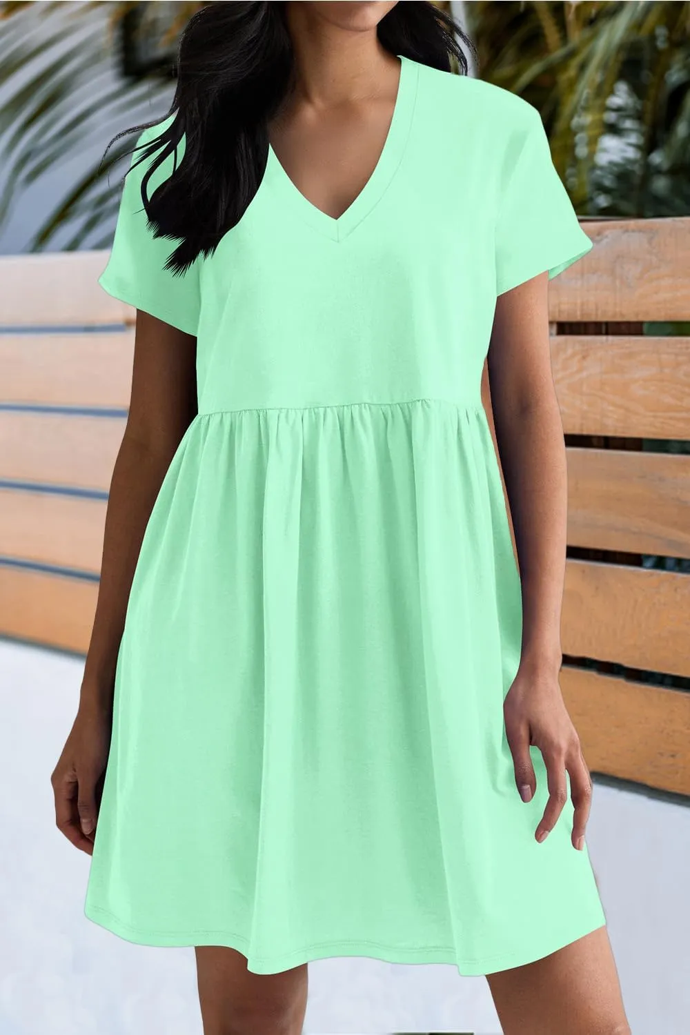 Hocuos Women's Short Sleeve Casual V Neck Mini Dress A Line Loose Pleated Flowy Shift Dresses 2025