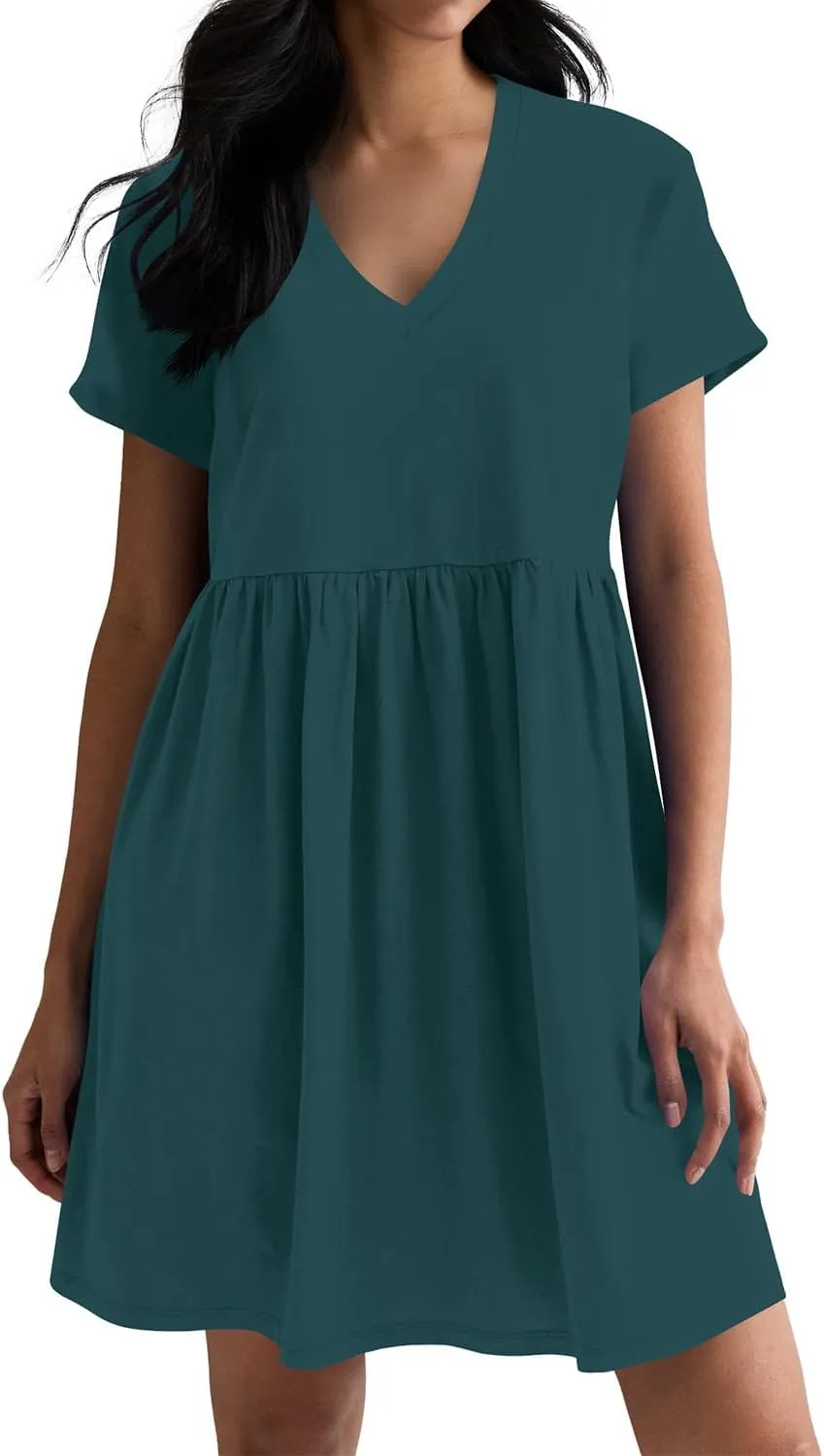 Hocuos Women's Short Sleeve Casual V Neck Mini Dress A Line Loose Pleated Flowy Shift Dresses 2025