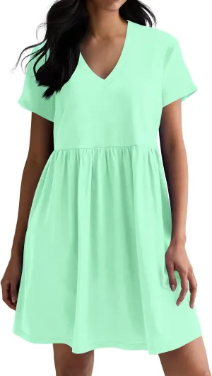 Hocuos Women's Short Sleeve Casual V Neck Mini Dress A Line Loose Pleated Flowy Shift Dresses 2025
