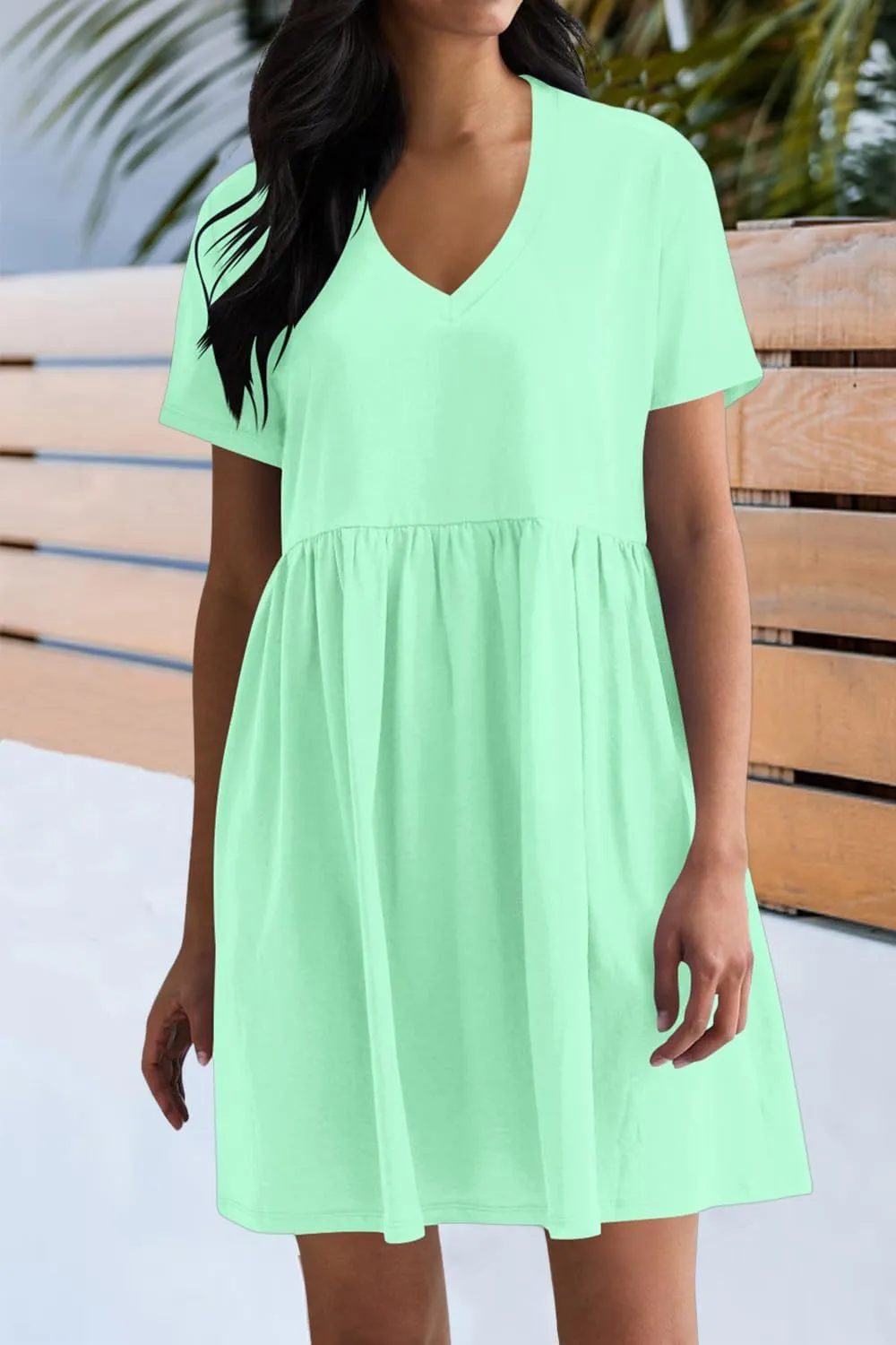 Hocuos Women's Short Sleeve Casual V Neck Mini Dress A Line Loose Pleated Flowy Shift Dresses 2025