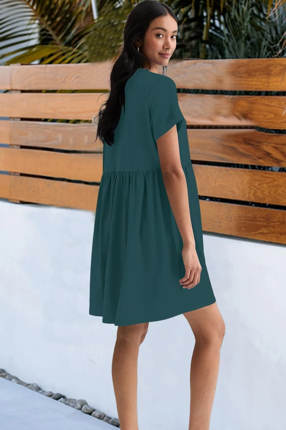 Hocuos Women's Short Sleeve Casual V Neck Mini Dress A Line Loose Pleated Flowy Shift Dresses 2025