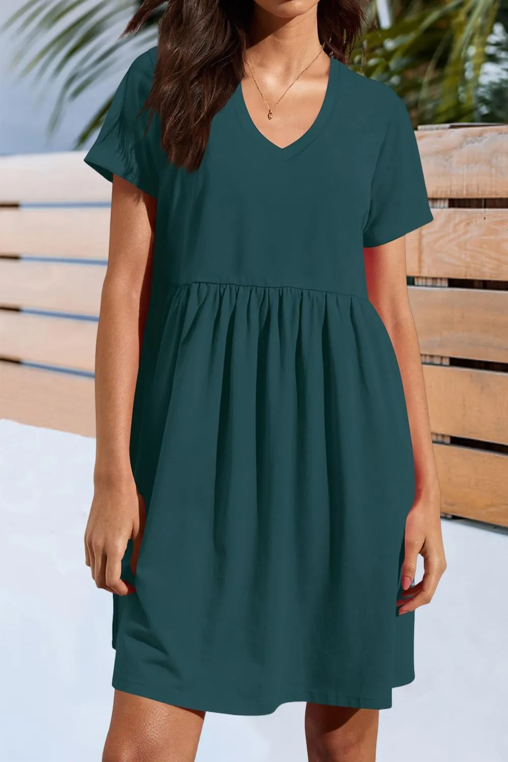 Hocuos Women's Short Sleeve Casual V Neck Mini Dress A Line Loose Pleated Flowy Shift Dresses 2025