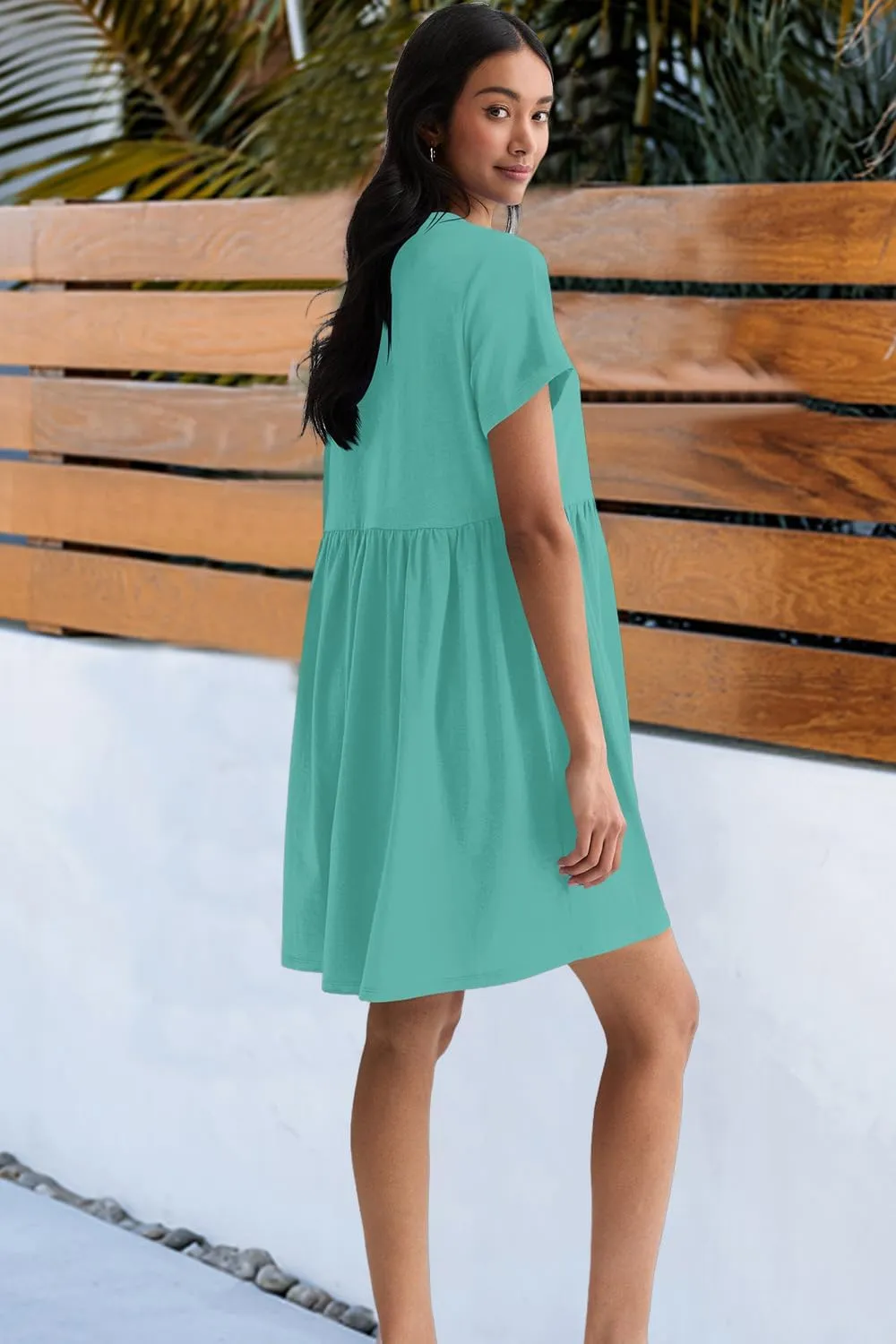Hocuos Women's Short Sleeve Casual V Neck Mini Dress A Line Loose Pleated Flowy Shift Dresses 2025