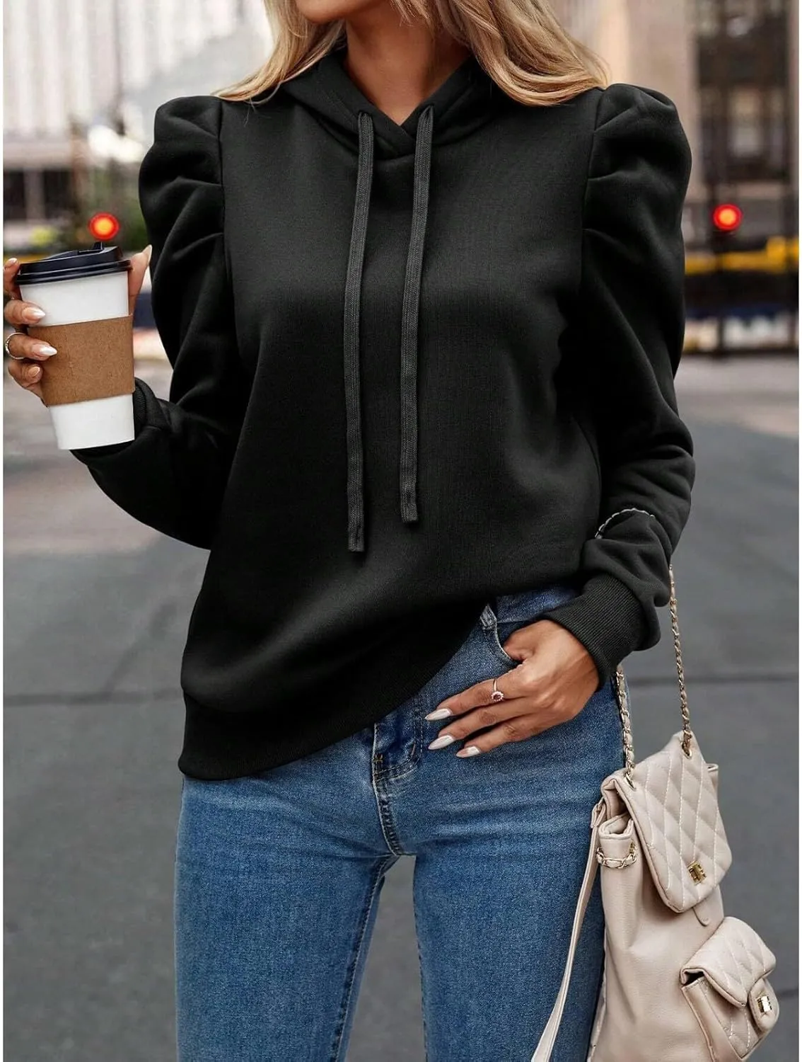 Hoodies for Women Drawstring Puff Long Sleeve Sweatshirt Casual Loose Fit Hooded Neck Pullover Sweater