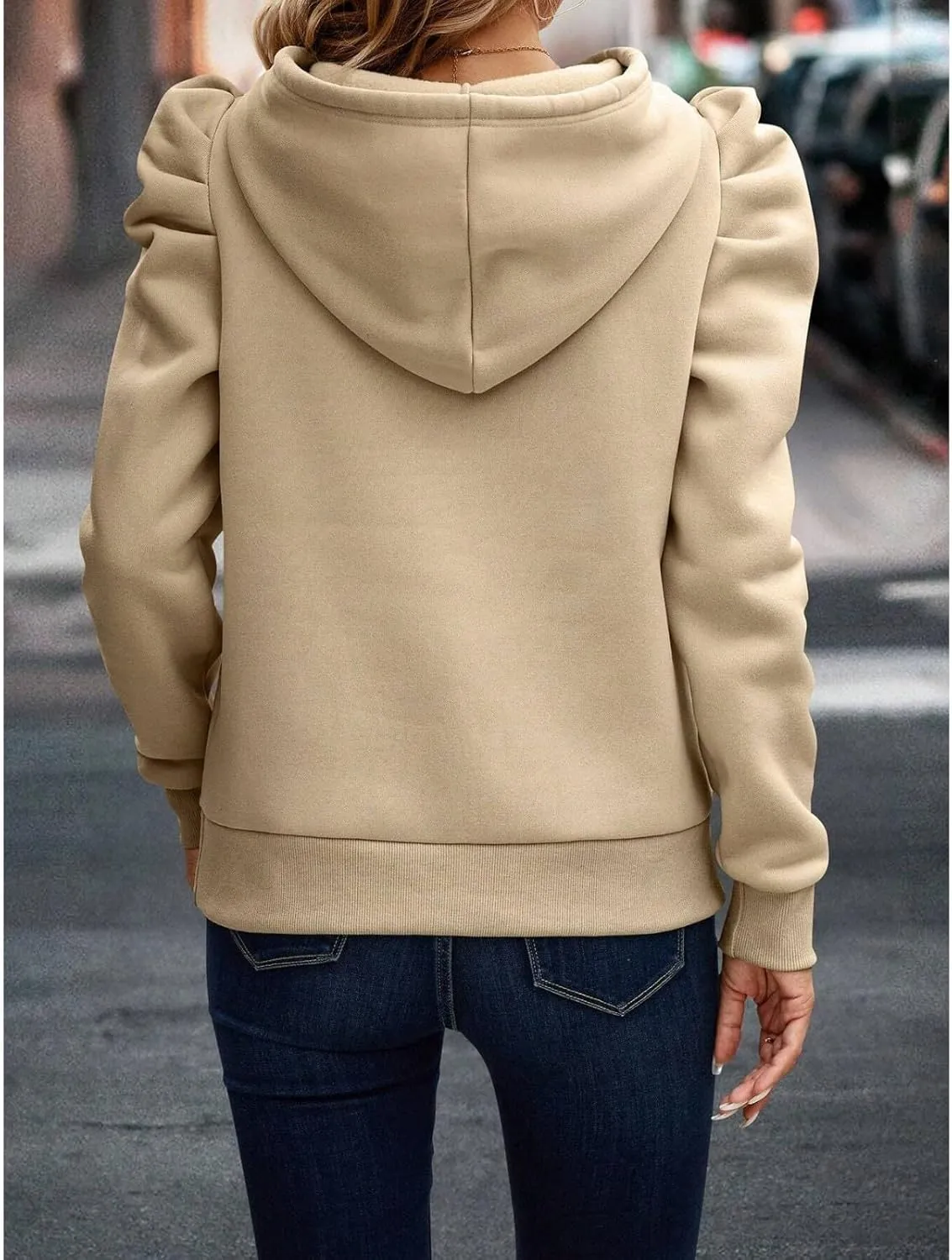 Hoodies for Women Drawstring Puff Long Sleeve Sweatshirt Casual Loose Fit Hooded Neck Pullover Sweater