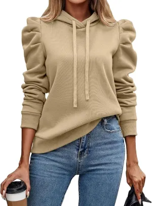 Hoodies for Women Drawstring Puff Long Sleeve Sweatshirt Casual Loose Fit Hooded Neck Pullover Sweater