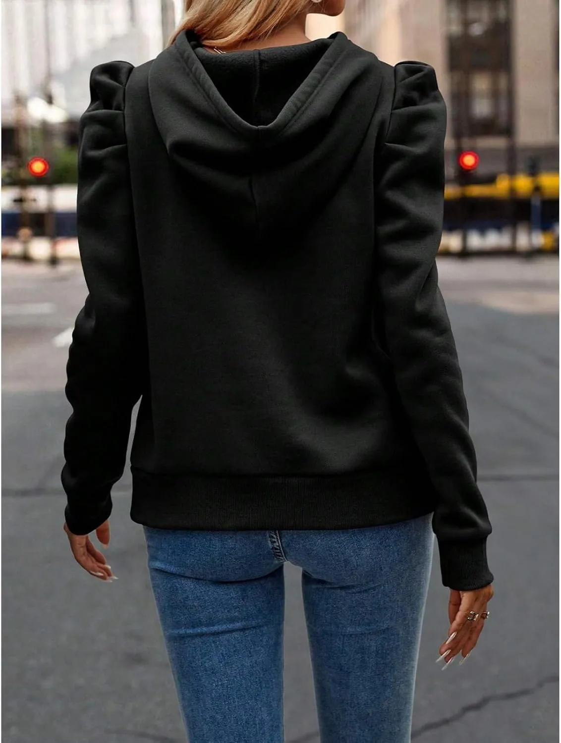 Hoodies for Women Drawstring Puff Long Sleeve Sweatshirt Casual Loose Fit Hooded Neck Pullover Sweater