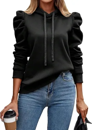 Hoodies for Women Drawstring Puff Long Sleeve Sweatshirt Casual Loose Fit Hooded Neck Pullover Sweater