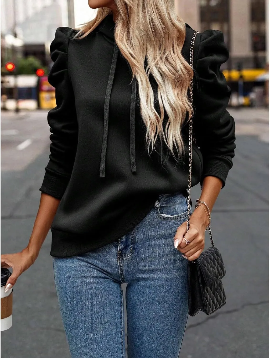 Hoodies for Women Drawstring Puff Long Sleeve Sweatshirt Casual Loose Fit Hooded Neck Pullover Sweater