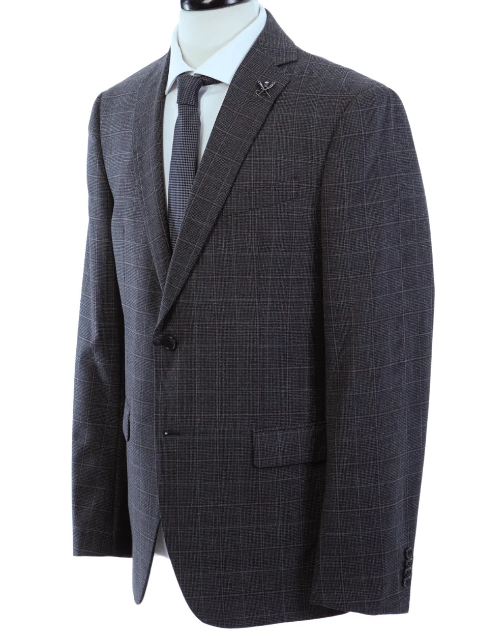 John Varvatos Half-Canvassed Charcoal Windowpane Two Button Wool Blend Suit