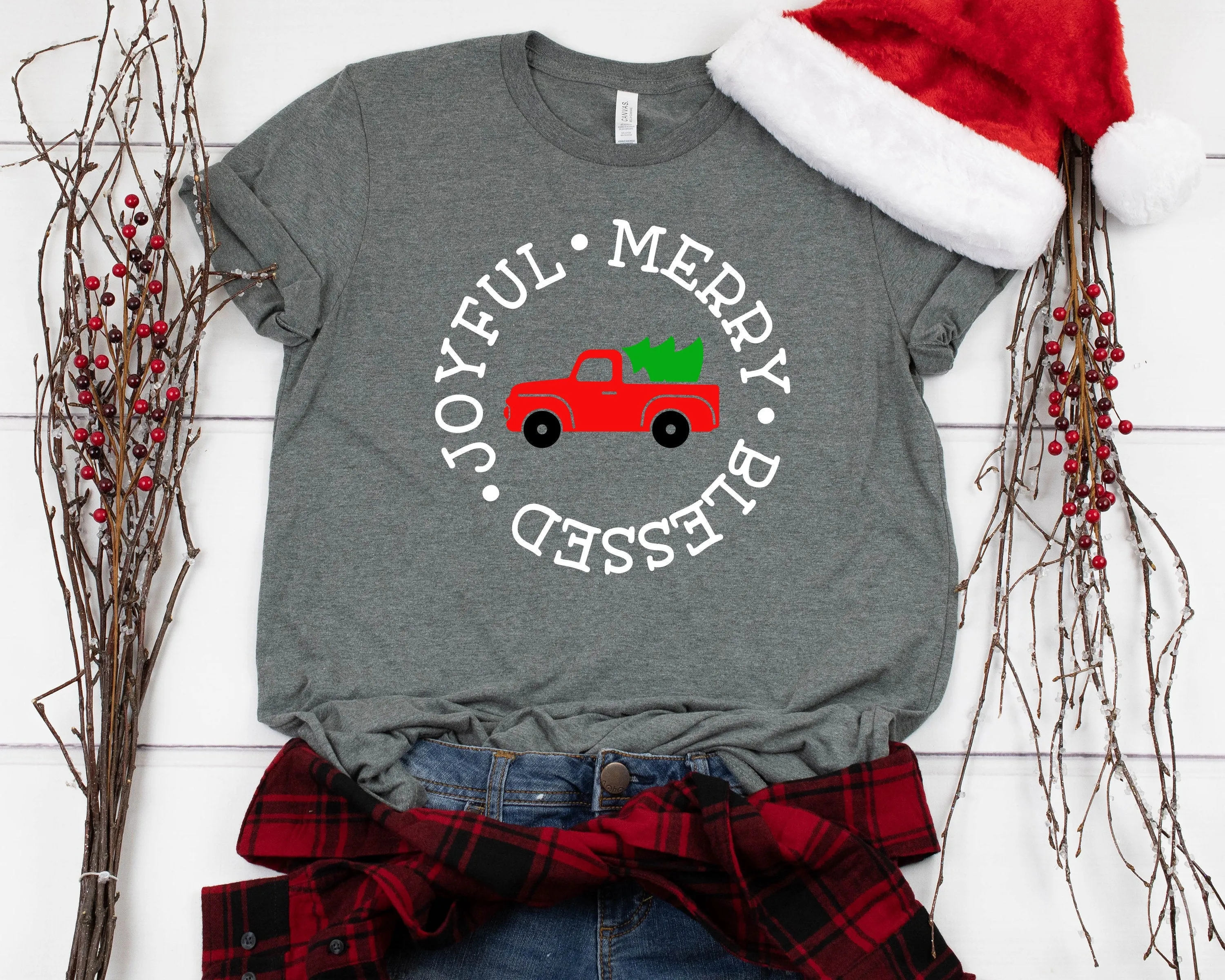 Joyful Merry & Blessed Christmas T Shirt - Red Truck Matching Christmas Shirt - Fresh Cut Christmas Tree Holiday Shirt