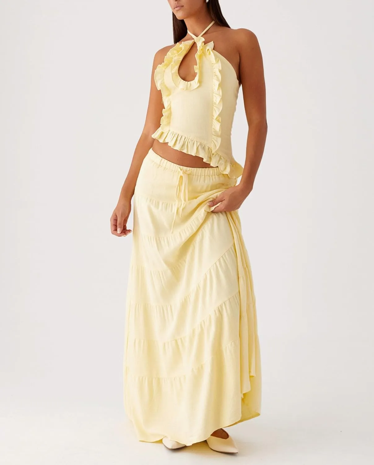 Juakoso Women Y2K 2 Piece Long Skirt Sets Low Cut Sleeveless Tops Flowy Ruffle Maxi Skirt Going Out Outfits Beachwear