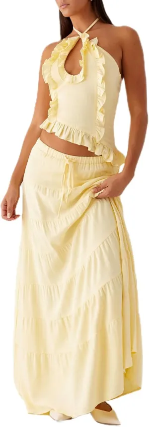 Juakoso Women Y2K 2 Piece Long Skirt Sets Low Cut Sleeveless Tops Flowy Ruffle Maxi Skirt Going Out Outfits Beachwear