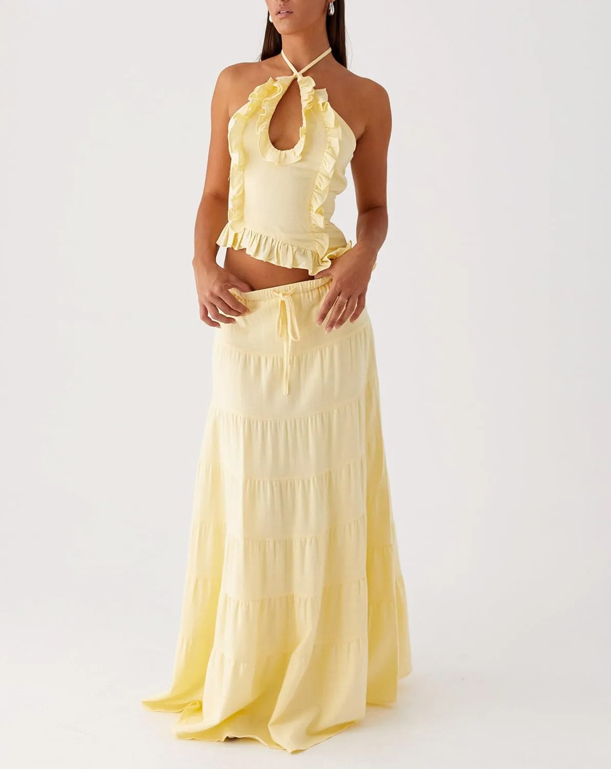 Juakoso Women Y2K 2 Piece Long Skirt Sets Low Cut Sleeveless Tops Flowy Ruffle Maxi Skirt Going Out Outfits Beachwear