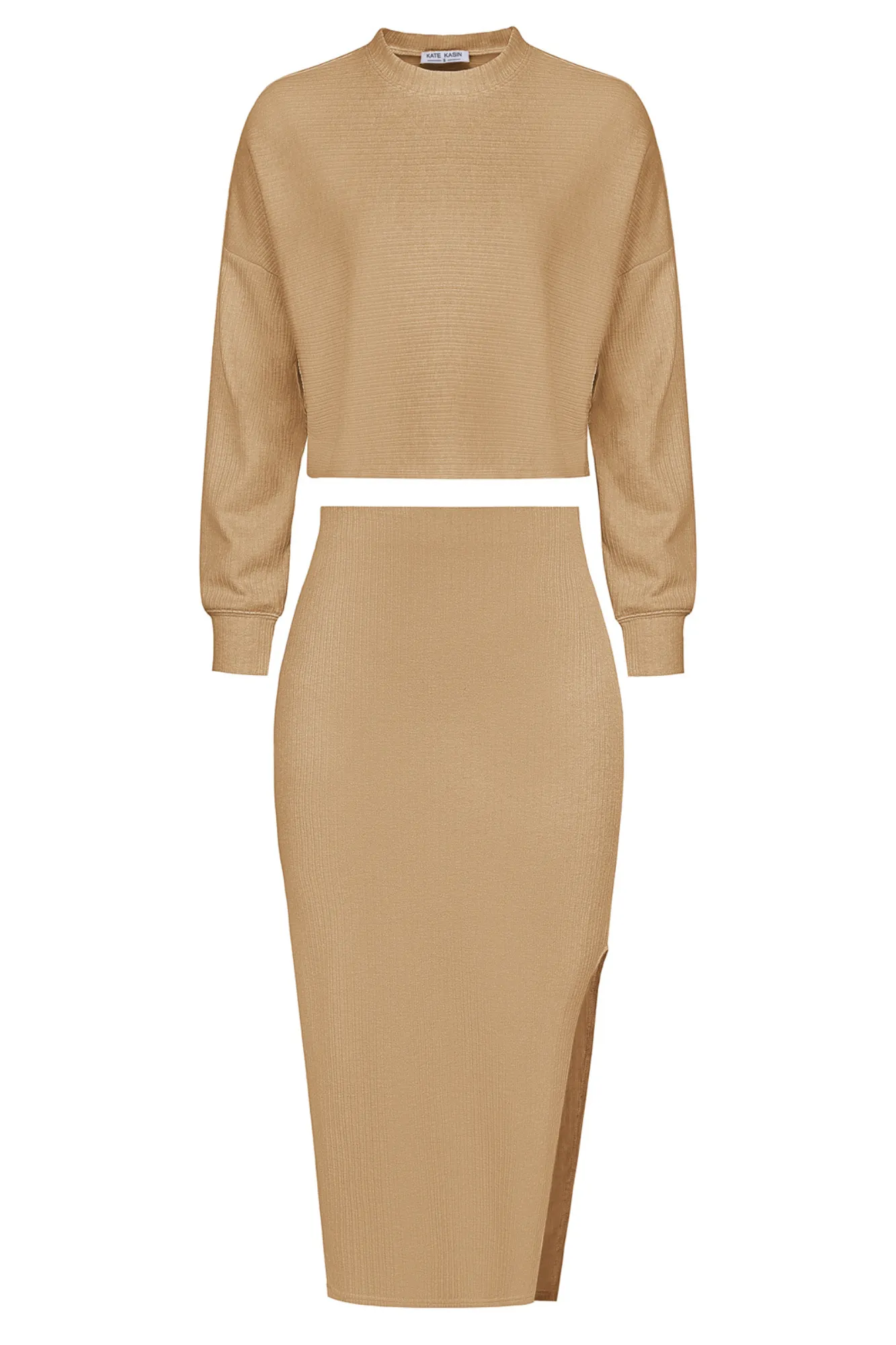 KK Women Outfits Long Sleeve Dropped Shoulder Cropped Tops Left Slit Skirt