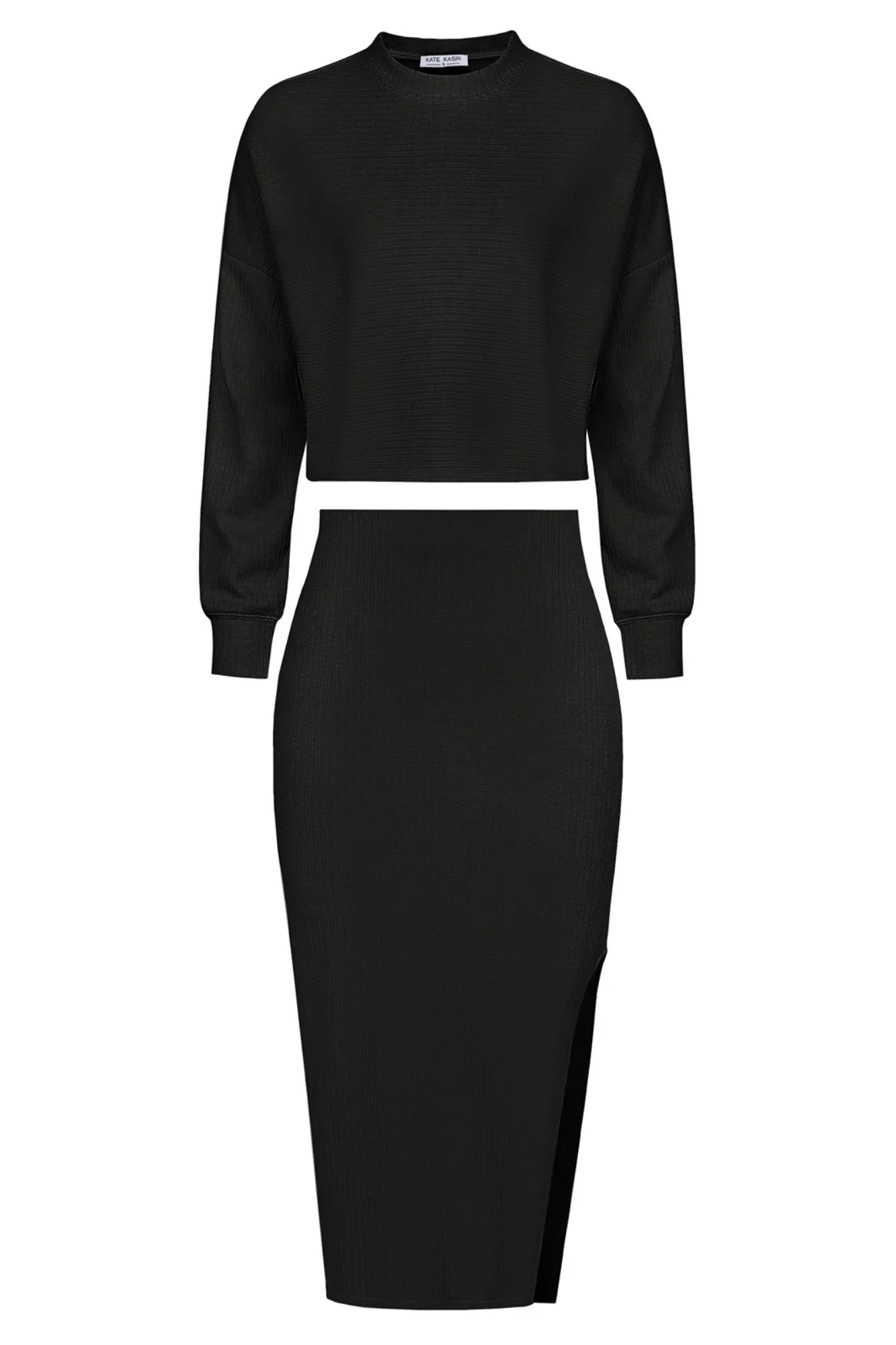 KK Women Outfits Long Sleeve Dropped Shoulder Cropped Tops Left Slit Skirt