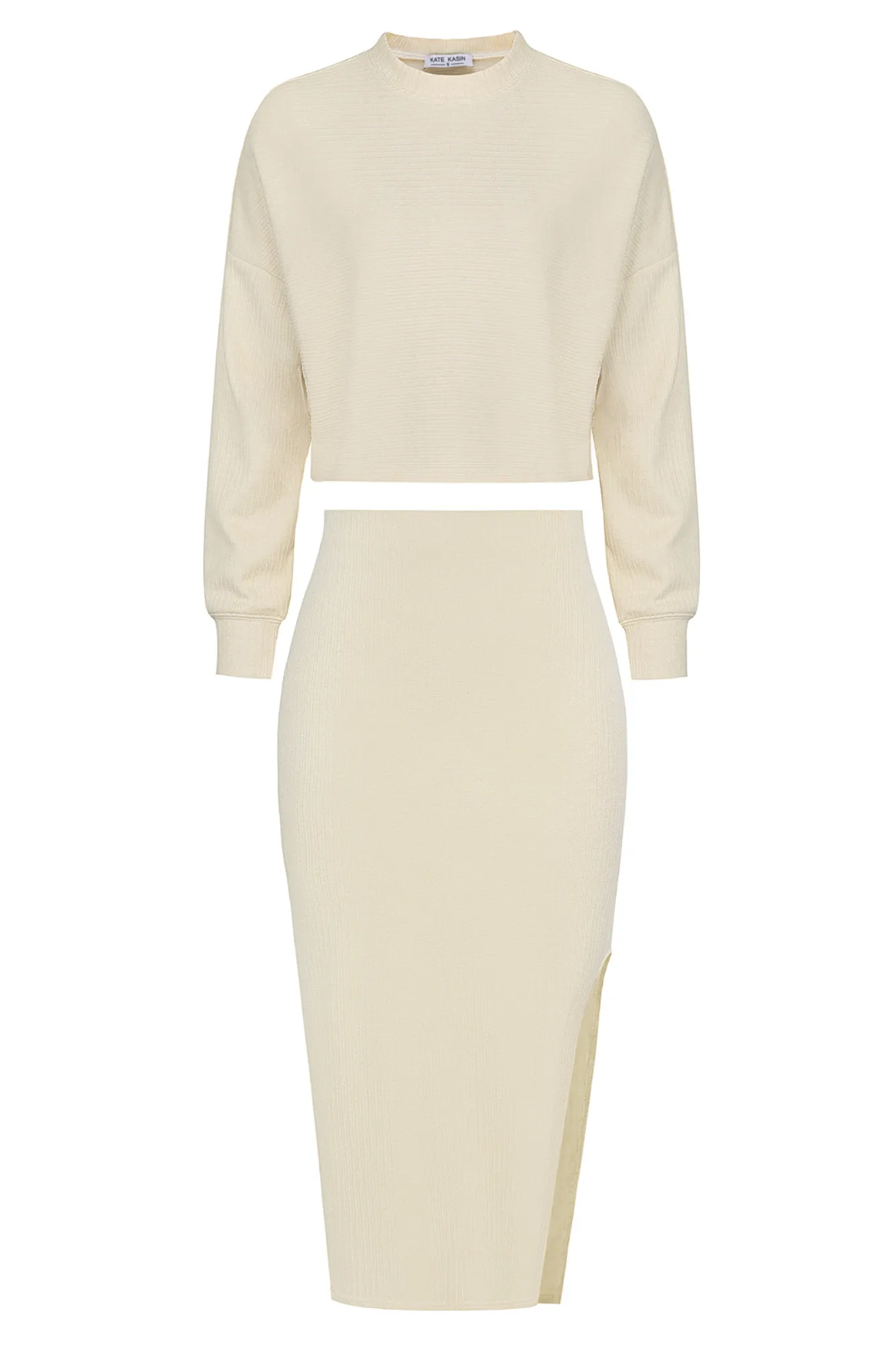KK Women Outfits Long Sleeve Dropped Shoulder Cropped Tops Left Slit Skirt