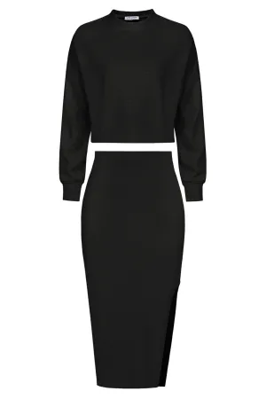 KK Women Outfits Long Sleeve Dropped Shoulder Cropped Tops Left Slit Skirt
