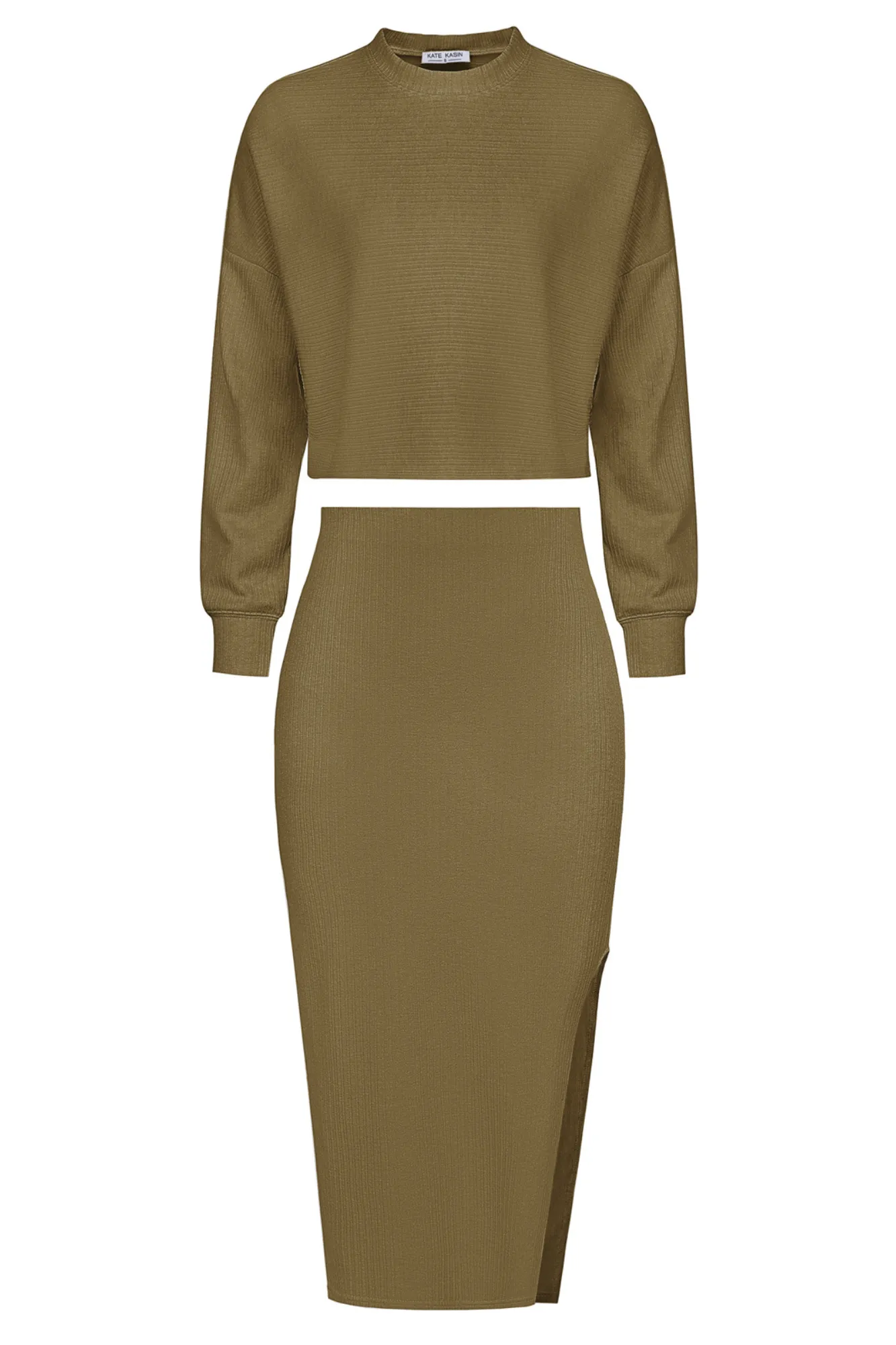 KK Women Outfits Long Sleeve Dropped Shoulder Cropped Tops Left Slit Skirt
