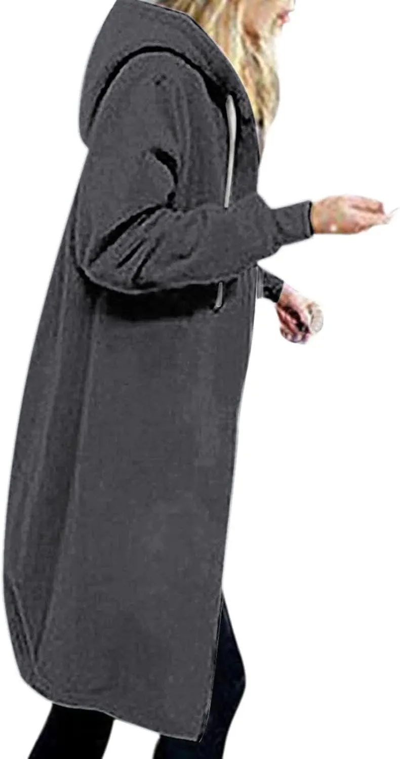 Knee Length Hoodies for Women Zip Up Hoodie Fashion Long Sleeve Sweatshirts Casual Fall Hooded Jackets with Pockets