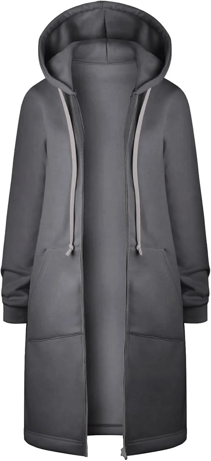 Knee Length Hoodies for Women Zip Up Hoodie Fashion Long Sleeve Sweatshirts Casual Fall Hooded Jackets with Pockets