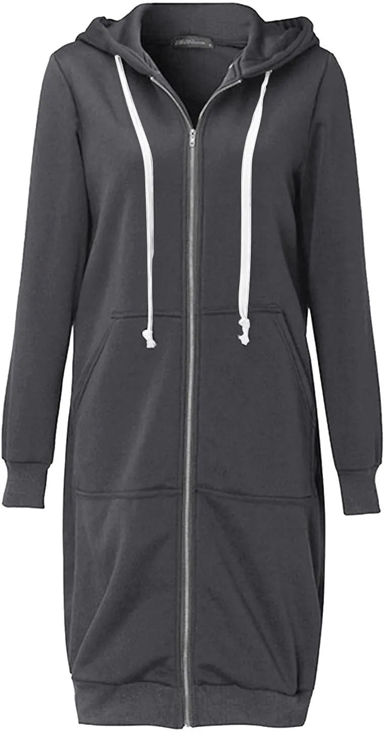 Knee Length Hoodies for Women Zip Up Hoodie Fashion Long Sleeve Sweatshirts Casual Fall Hooded Jackets with Pockets