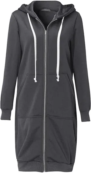 Knee Length Hoodies for Women Zip Up Hoodie Fashion Long Sleeve Sweatshirts Casual Fall Hooded Jackets with Pockets