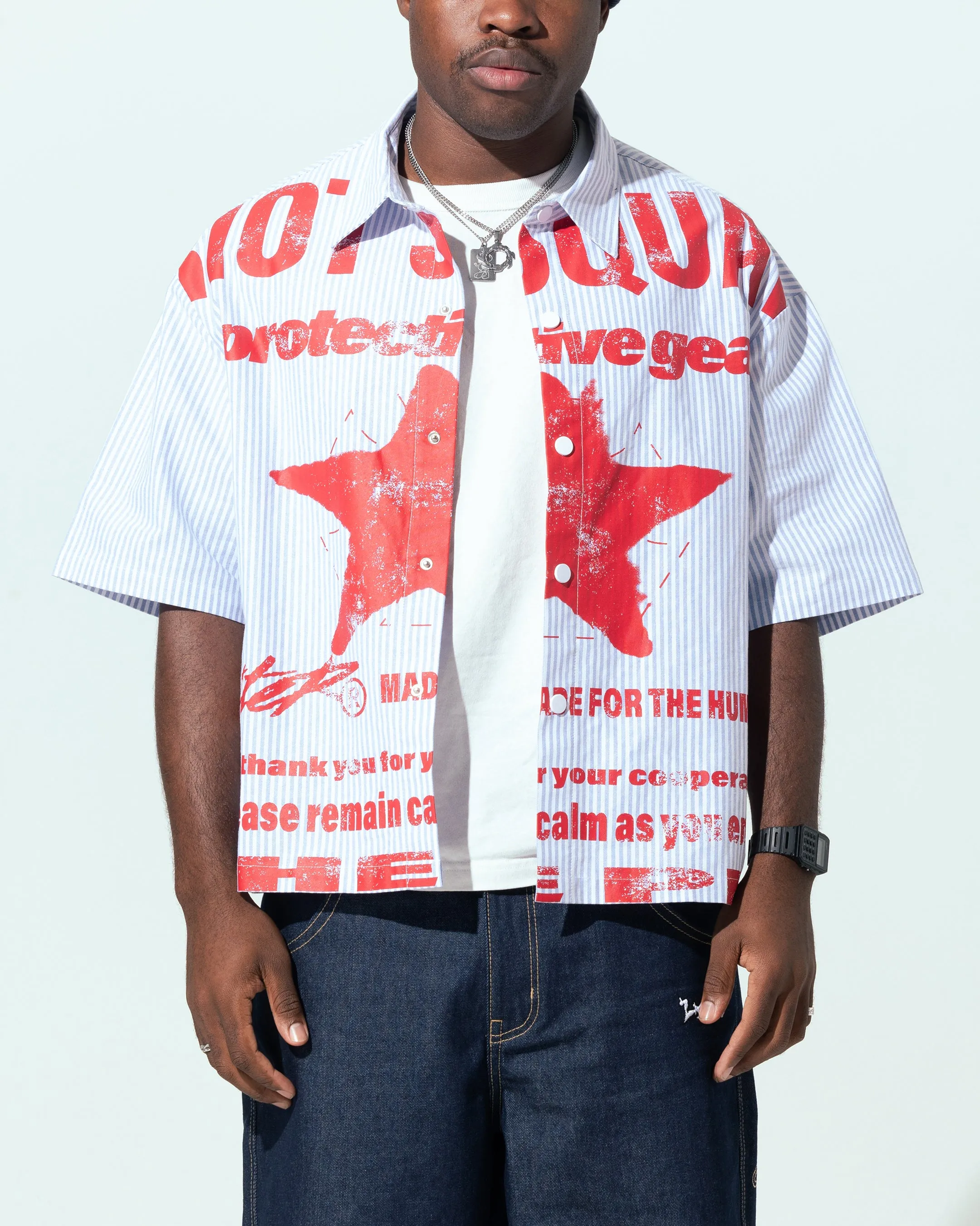 Loiter Riot Squad Button Up T-Shirt Blue Pin Stripe