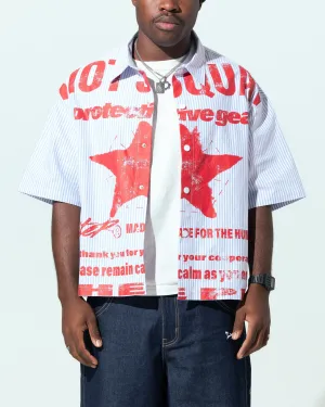 Loiter Riot Squad Button Up T-Shirt Blue Pin Stripe