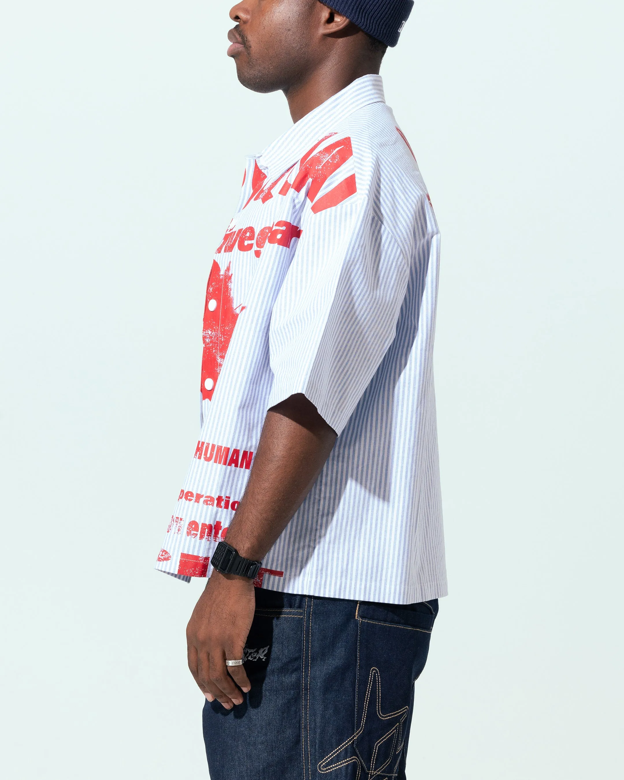 Loiter Riot Squad Button Up T-Shirt Blue Pin Stripe