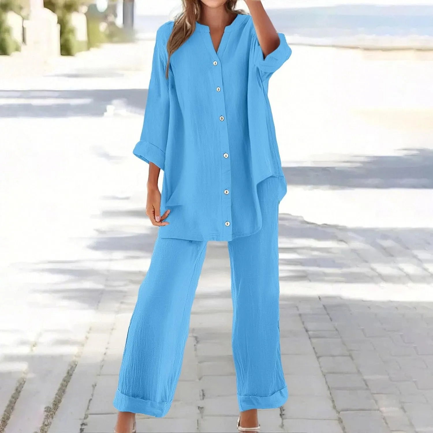 Lounge Sets for Women Cotton Linen Pants Sets Summer Oversized Long Sleeve Button Shirt Casual Linen Sets for Women 2 Piece