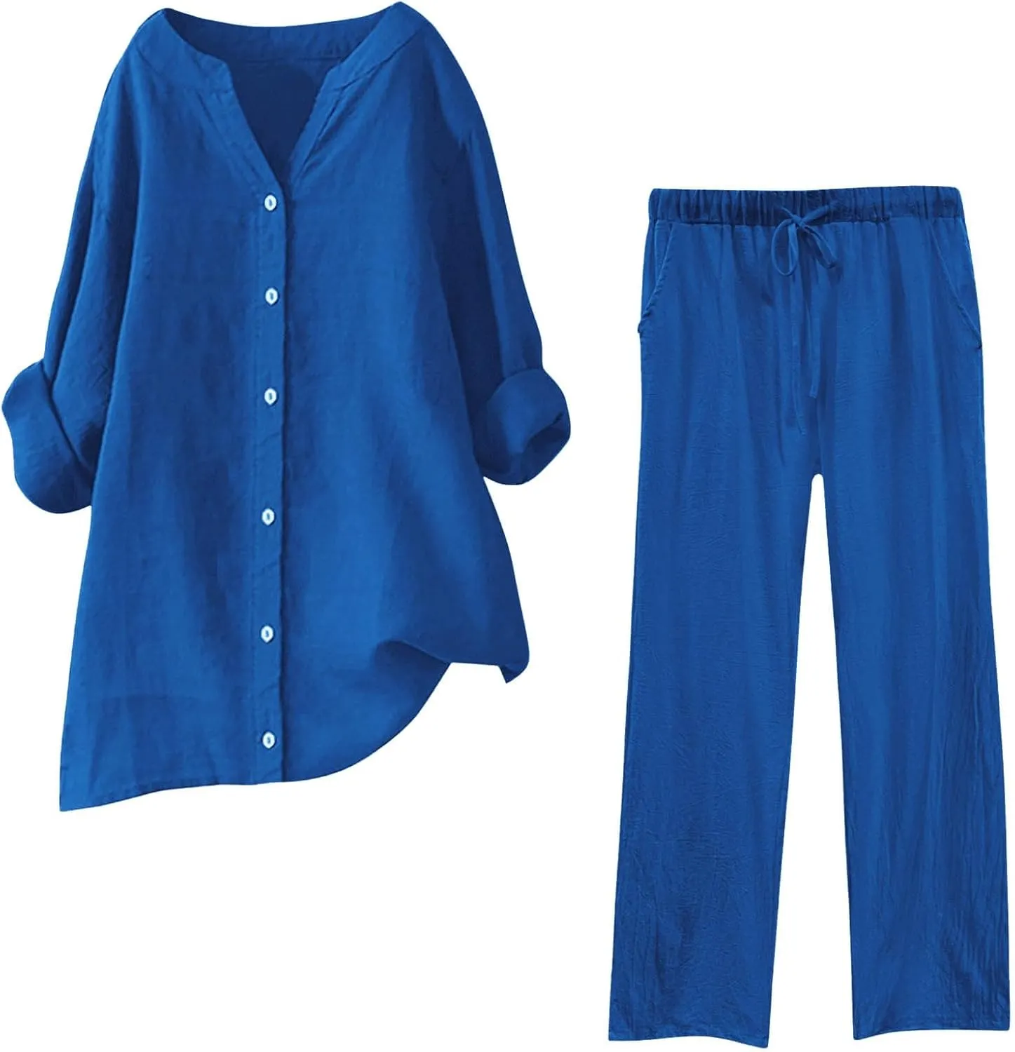 Lounge Sets for Women Cotton Linen Pants Sets Summer Oversized Long Sleeve Button Shirt Casual Linen Sets for Women 2 Piece