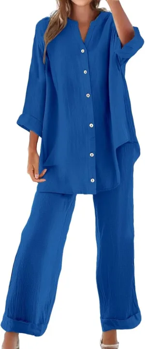 Lounge Sets for Women Cotton Linen Pants Sets Summer Oversized Long Sleeve Button Shirt Casual Linen Sets for Women 2 Piece