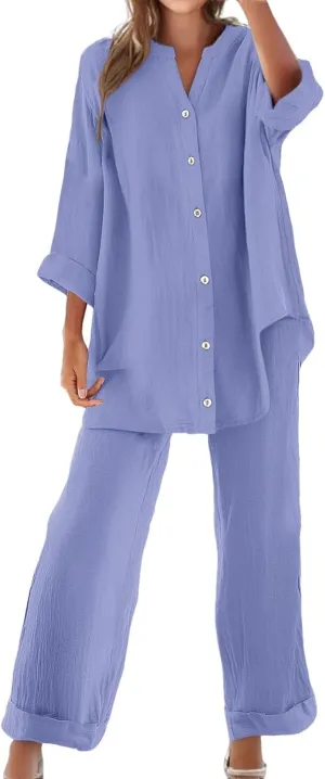 Lounge Sets for Women Cotton Linen Pants Sets Summer Oversized Long Sleeve Button Shirt Casual Linen Sets for Women 2 Piece