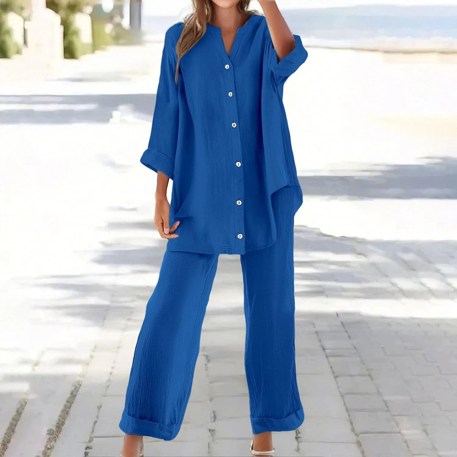 Lounge Sets for Women Cotton Linen Pants Sets Summer Oversized Long Sleeve Button Shirt Casual Linen Sets for Women 2 Piece