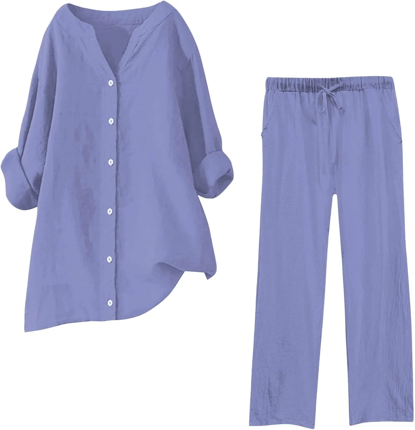 Lounge Sets for Women Cotton Linen Pants Sets Summer Oversized Long Sleeve Button Shirt Casual Linen Sets for Women 2 Piece