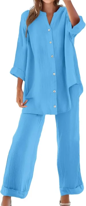 Lounge Sets for Women Cotton Linen Pants Sets Summer Oversized Long Sleeve Button Shirt Casual Linen Sets for Women 2 Piece