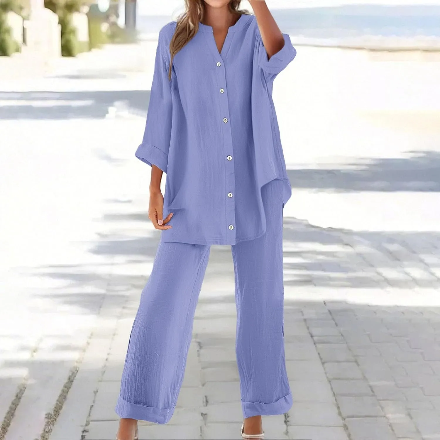 Lounge Sets for Women Cotton Linen Pants Sets Summer Oversized Long Sleeve Button Shirt Casual Linen Sets for Women 2 Piece