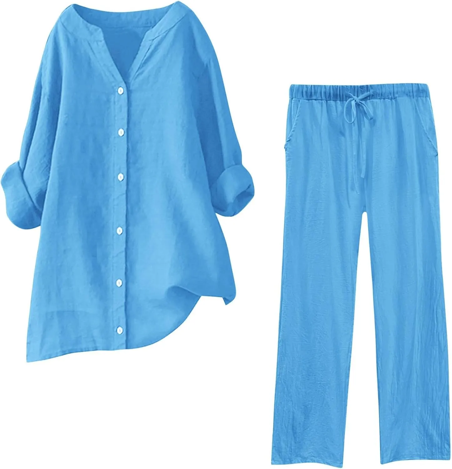 Lounge Sets for Women Cotton Linen Pants Sets Summer Oversized Long Sleeve Button Shirt Casual Linen Sets for Women 2 Piece