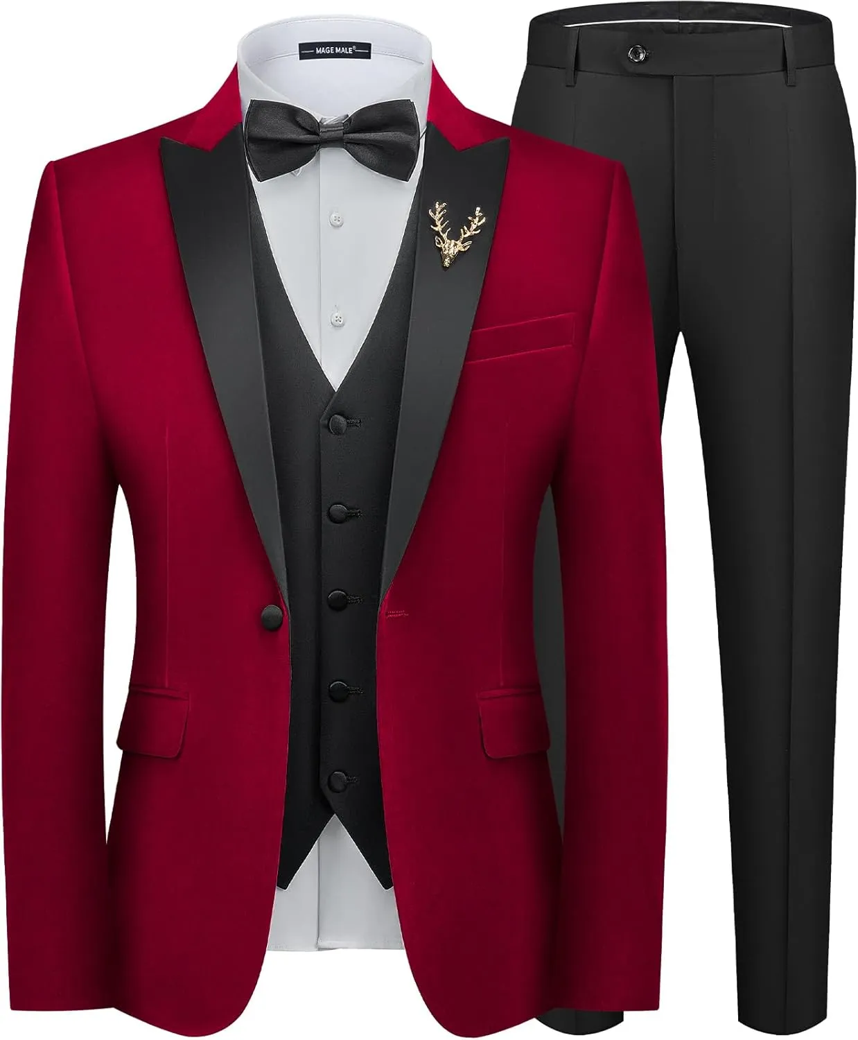 MAGE MALE Mens Velvet Suits Slim Fit Peak Lapel Tuxedo 3 Piece One Button Prom Party Banquet Blazer Vest Pants Set