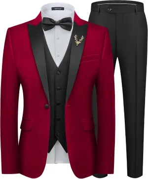 MAGE MALE Mens Velvet Suits Slim Fit Peak Lapel Tuxedo 3 Piece One Button Prom Party Banquet Blazer Vest Pants Set